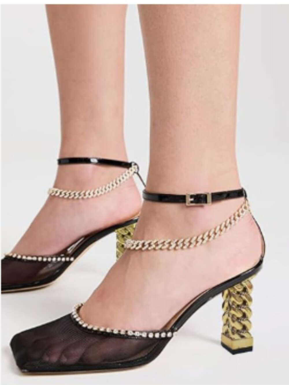 FYS Black Bling Square Toe Rhinestone Heeled Sandals Gold Metal Block Heels Shoe